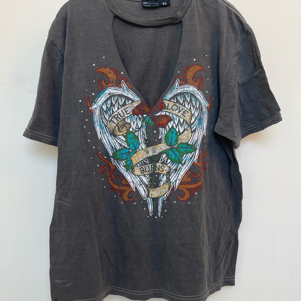 Graphic Tee with Heart and Wings Design